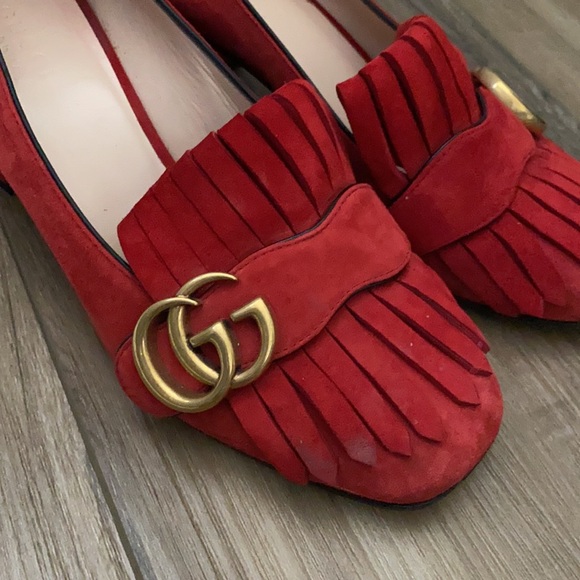Gucci red suede marmont block mid heel loafers 36 - Picture 5 of 7